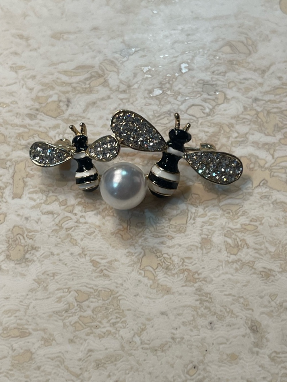 Crystal Bee Pearl Brooch - Black & White